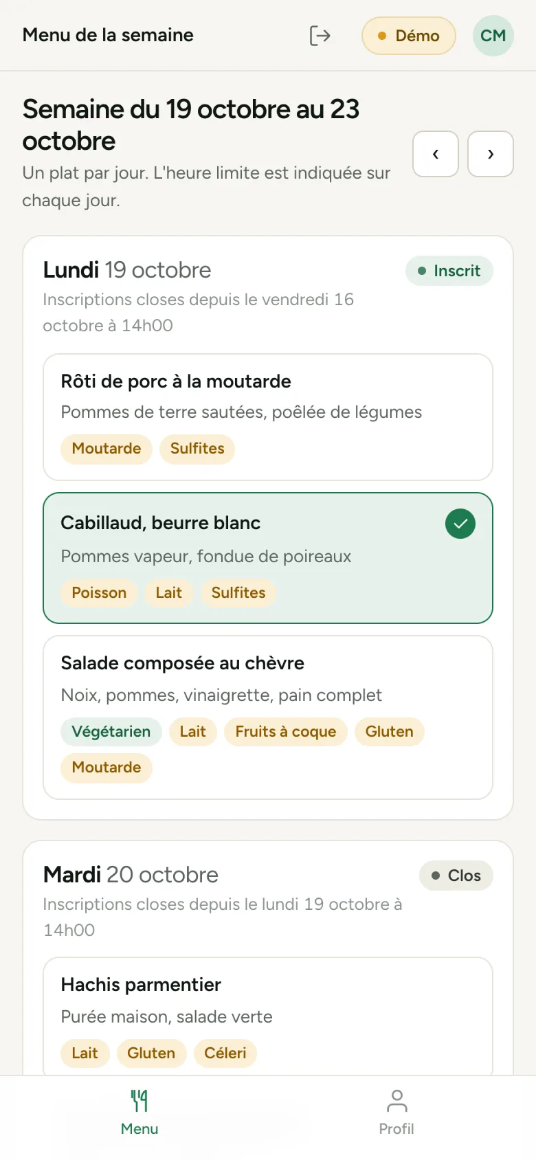 Capture of the canteen demo on a phone: weekly menu