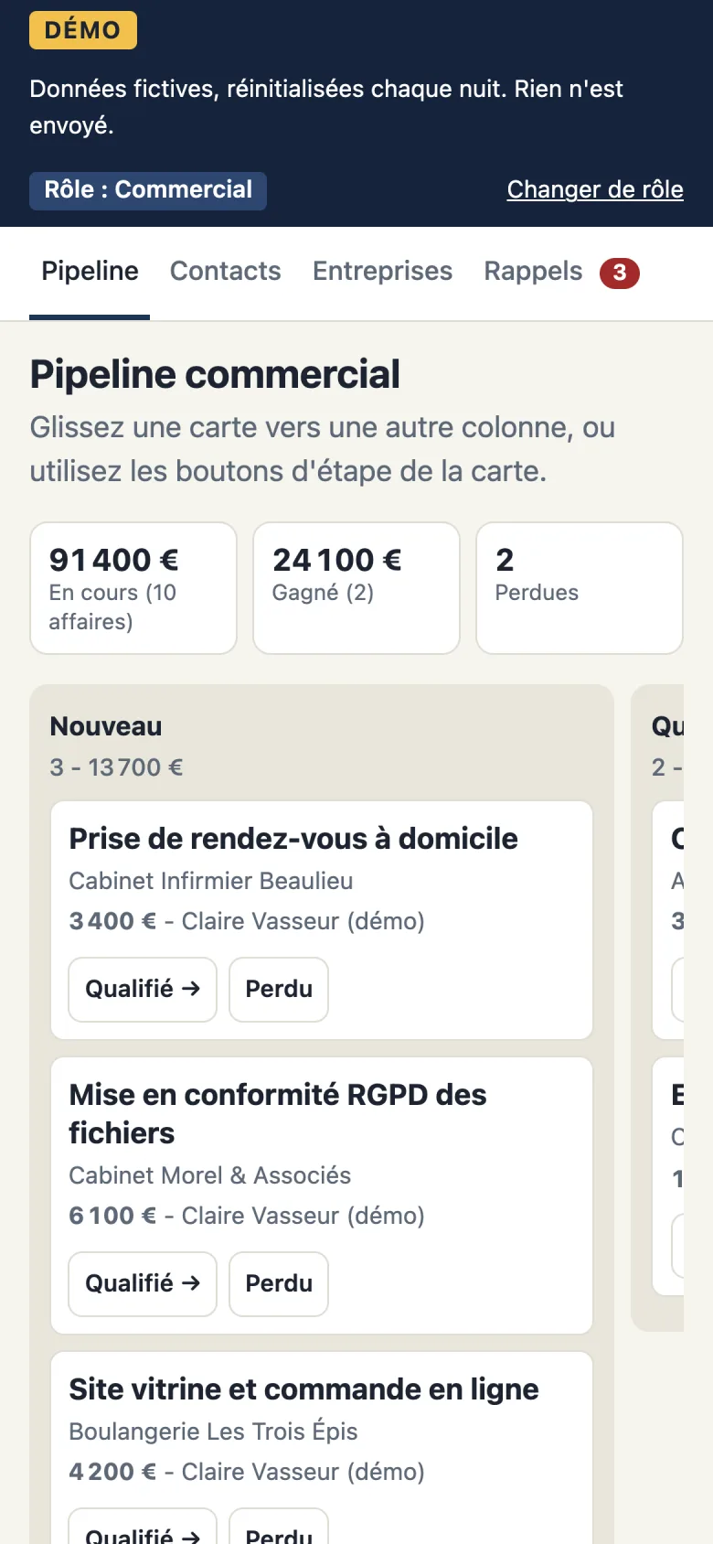 Capture de la démo CRM sur téléphone : pipeline commercial