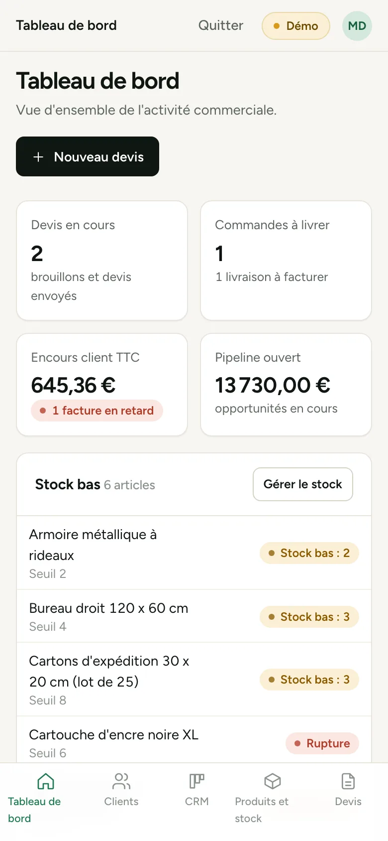 Capture de la démo ERP sur téléphone : tableau de bord