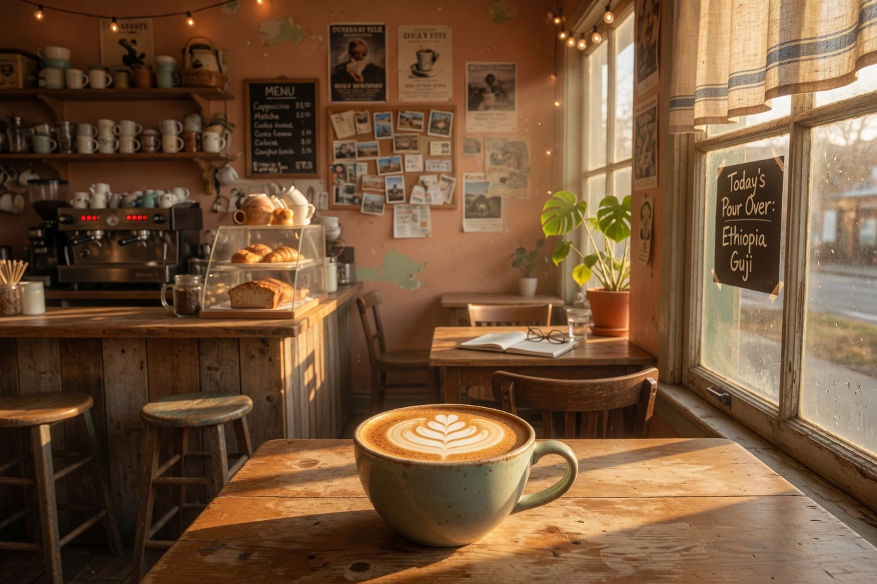 Sample: warm coffee shop interior at golden hour