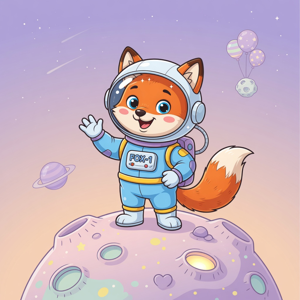Illustrated fox in an astronaut suit on a pastel moon