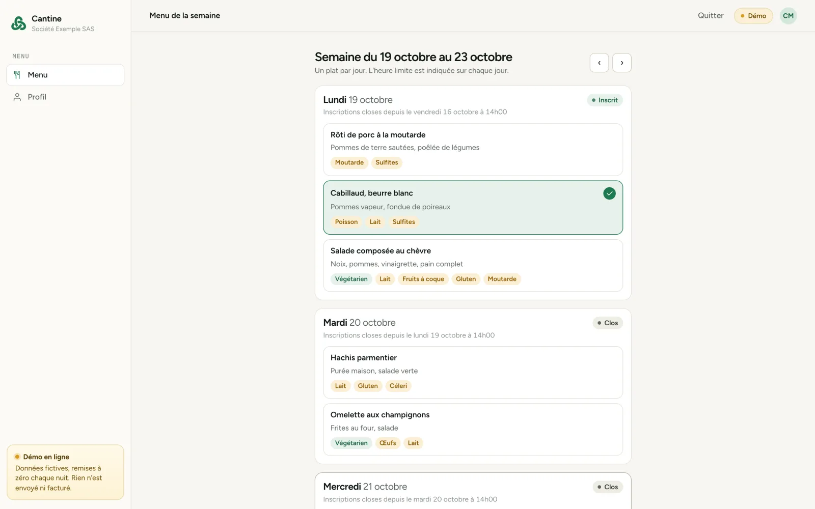 Capture of the canteen demo: weekly menu and sign-up