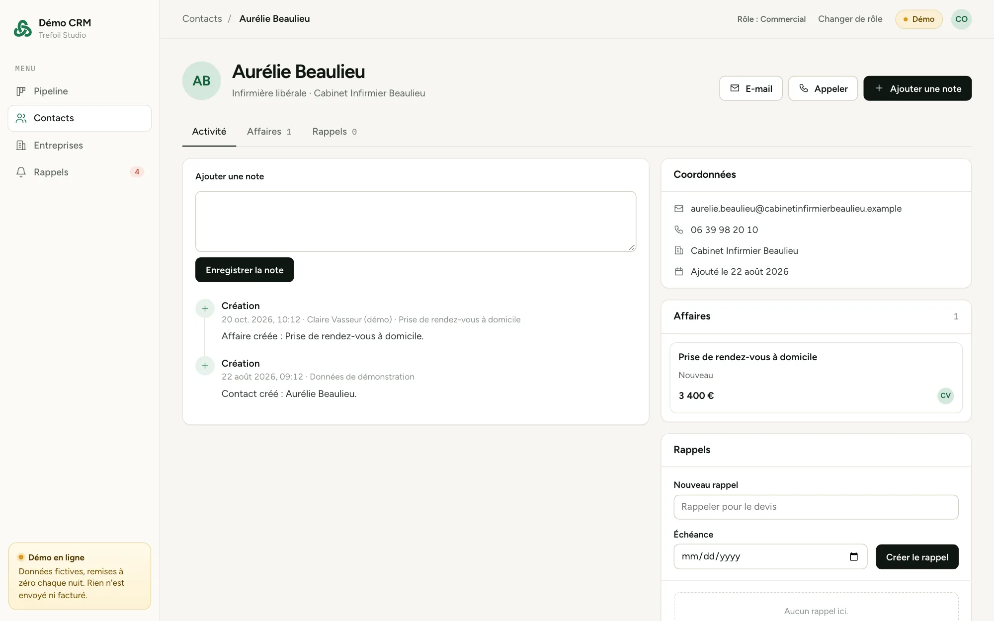 Capture de la démo CRM : fiche contact avec notes, coordonnées, affaires et rappels