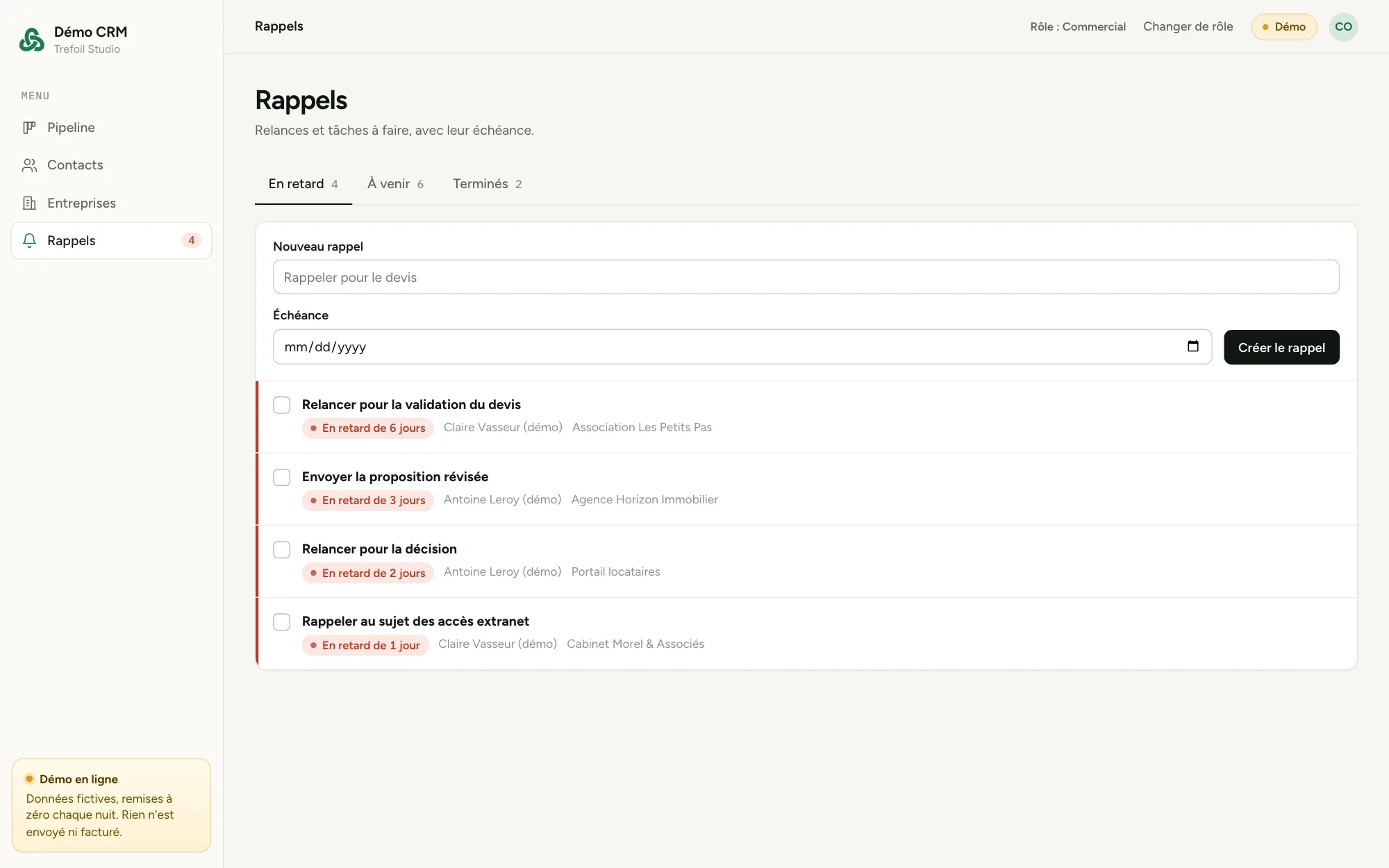 Capture de la démo CRM : liste des rappels en retard avec le nombre de jours de retard