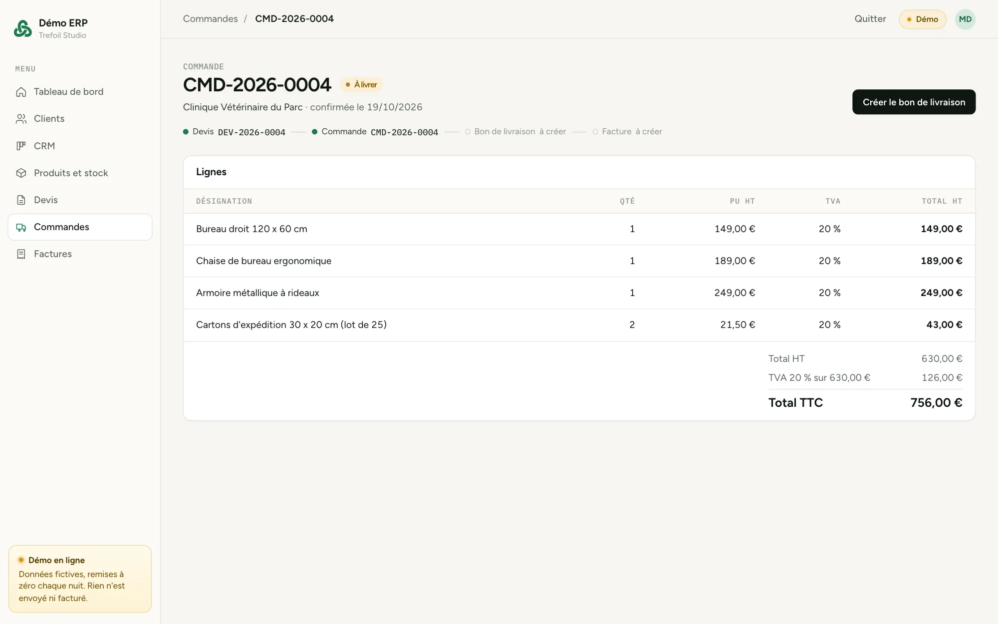Capture de la démo ERP : commande créée à partir du devis accepté, avec le parcours devis, commande, bon de livraison, facture