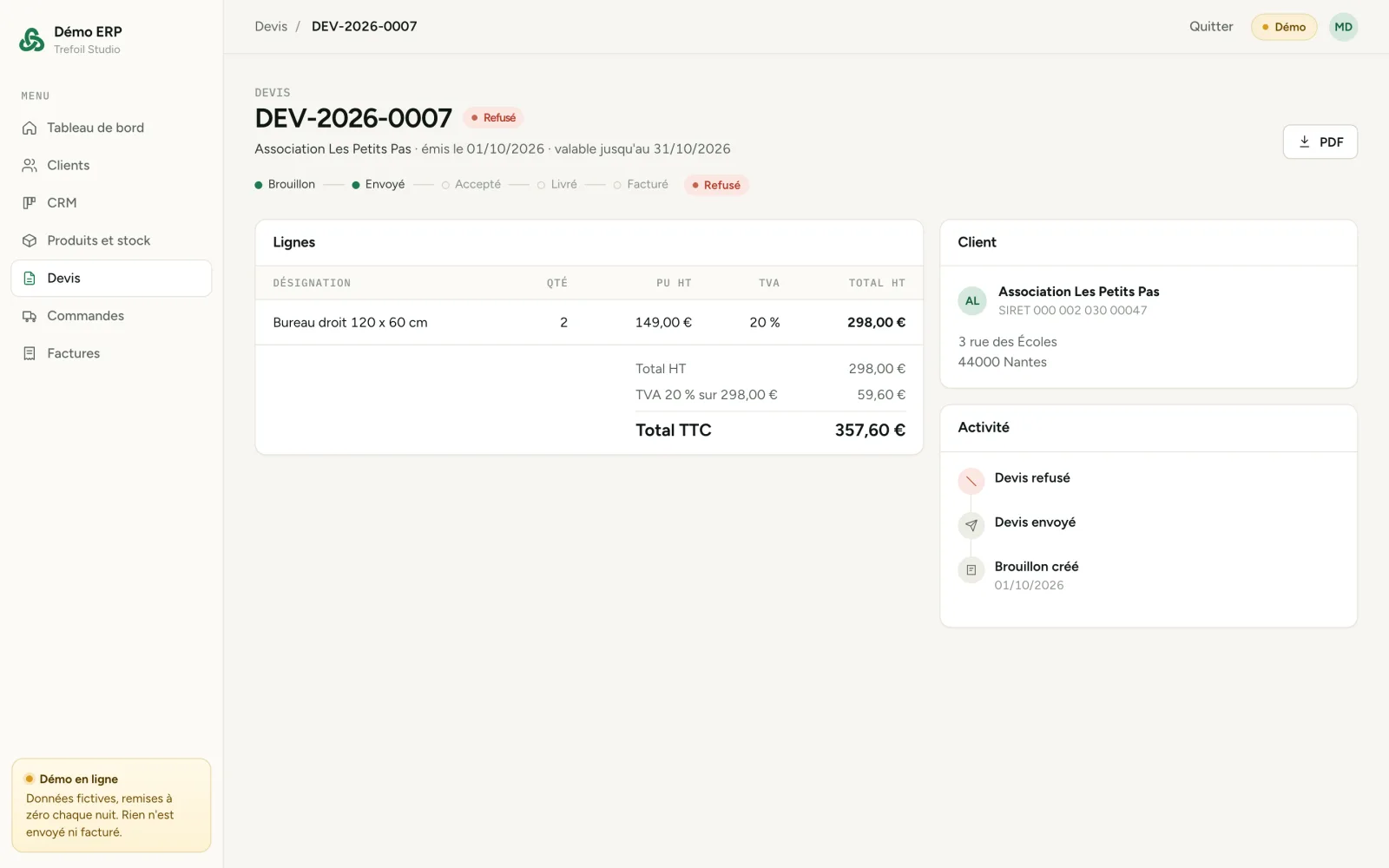Capture of the ERP demo: quote with lines, VAT and totals