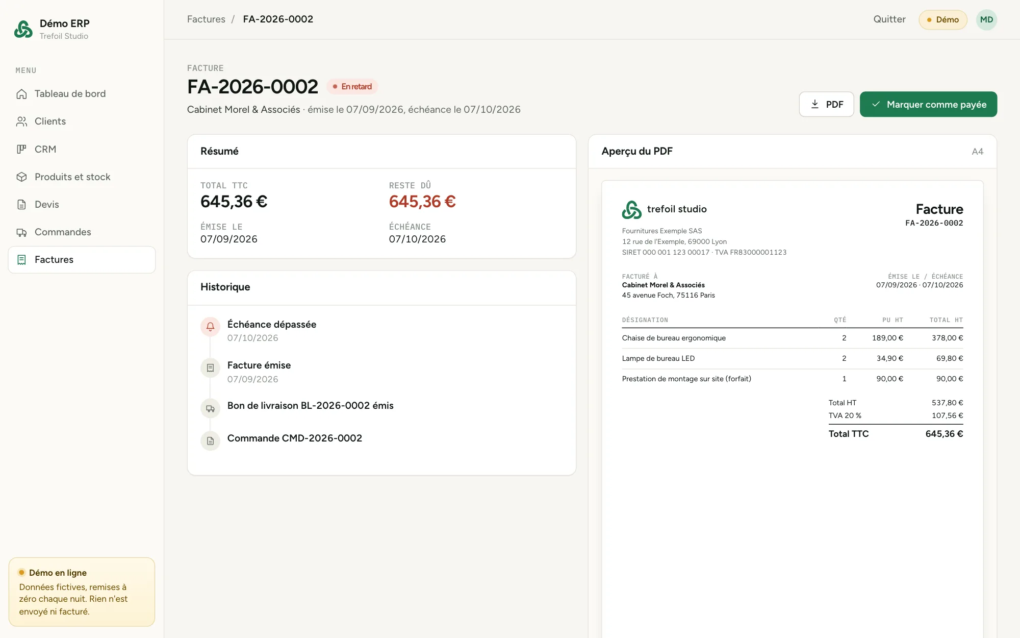 Capture de la démo ERP : facture avec aperçu PDF, SIRET, TVA et historique